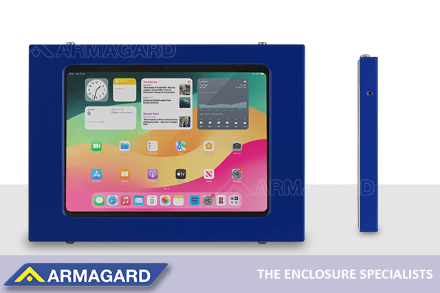 316 stainless steel tablet enclosure with food-grade design and NEMA 4X rating Front and side view of the Armagard tablet enclosure