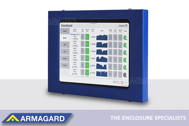Robust tablet enclosure to protect an iPad from drops, scratches, and water ingress Front-left facing view of the NEMA 4X tablet enclosure for washdown environments