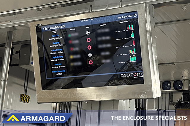 Redzone KPI software on a washdown food production software TV