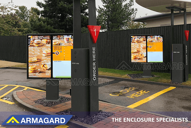 McDonald's drive thru with double-screen Samsung OH55F outdoor digital menu boards