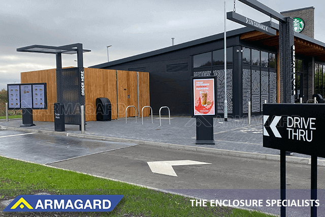 Armagard outdoor digital menu boards in a Starbucks drive thru lane