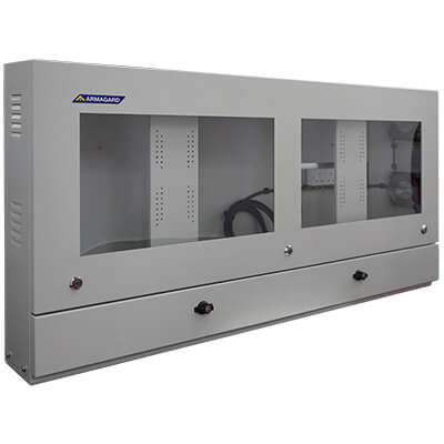 NEMA 4 dustproof dual monitor enclosure safeguards two monitors and a PC from airborne particles