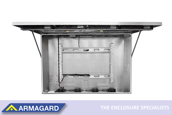 An open food manufacturing digital display enclosure, from Armagard.