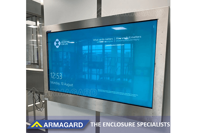 A 75 inch stainless steel TV enclosure with five-year warranty