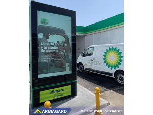 An Armagard gas station digital signage totem at a BP gas station