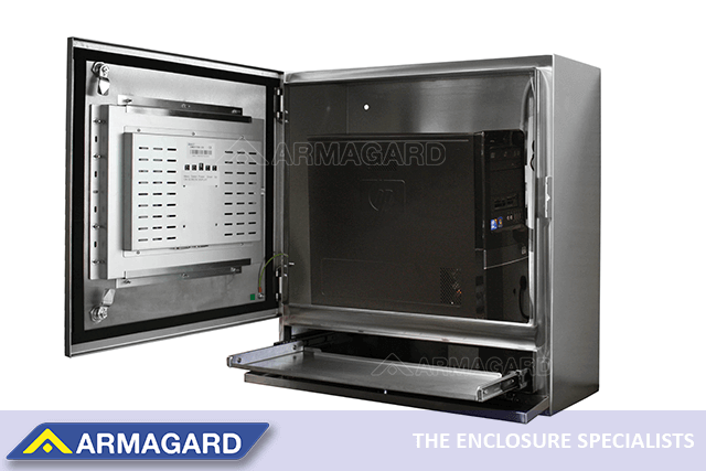 Washdown touch screen cabinet with open door and PC installed