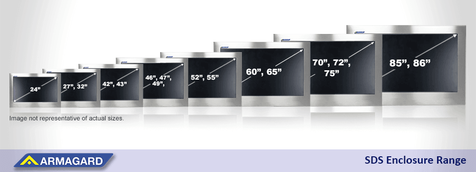 Sizes for Armagard's SDS QAD Redzone software TV enclosure range