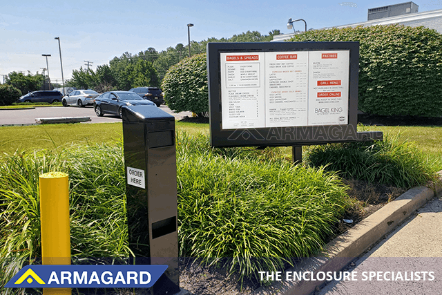 Armagard outdoor TV cabinet in a drive thru lane, providing the easiest digital signage available