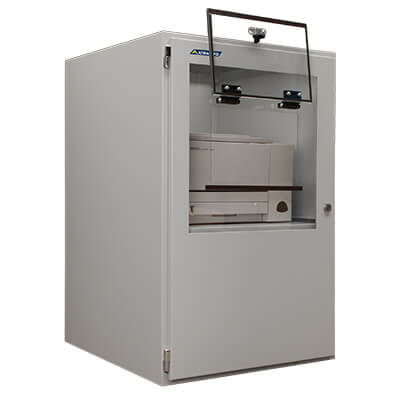 An Armagard floorstanding printer enclosure with integrated office printers