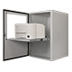 A floorstanding printer enclosure with office printer on extended sliding shelf