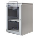 A floorstanding printer enclosure with two printout flaps, one closed and open closed