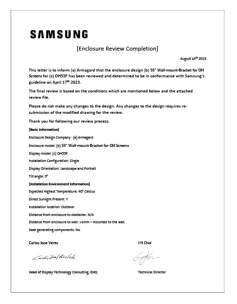 Samsung OH55F design certificate for Armagard’s screen wall mount system