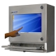Right facing waterproof touch screen PC enclosure with keyboard drawer open