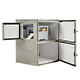 Stainless steel printer enclosure corner view with doors open