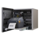Open with tray extended tray and Zebra ZD421, right view of the thermal desktop printer enclosure