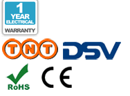 5 year warranty, TNT delivery, DSV delivery, CE, and RoHS logos