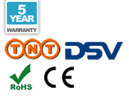 5 year warranty, TNT delivery, DSV delivery, CE, and RoHS logos