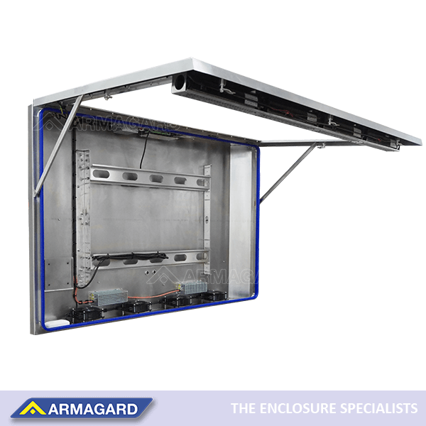 An open Armagard IP69K washdown enclosure for LCD/LED screens