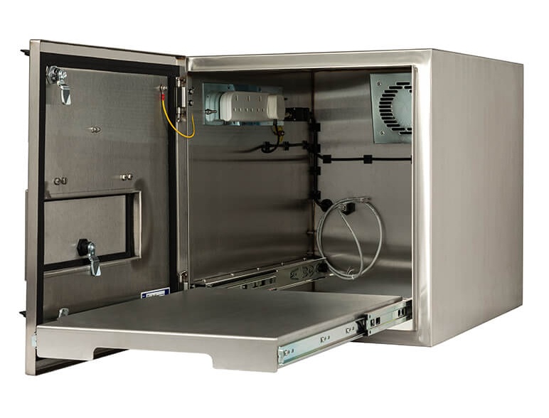 Open with tray extended NEMA 4X enclosure for Citizen RFID industrial printer