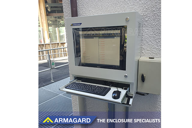 Shop-floor computer workstation wall mounted with keyboard drawer