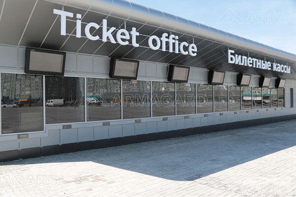 Outdoor digital signage in use at a stadium ticket office