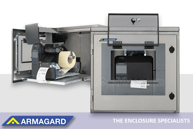 SATO industrial printer enclosures enhance reliability and extend printer lifespan Open and front view of an NEMA 4X enclosure for a SATO industrial printer