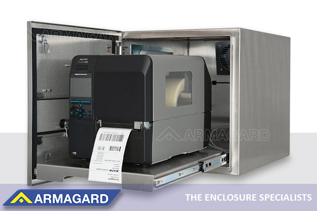 A waterproof printer enclosure shields the CL4NX SATO industrial printer from washdowns and damage CL4NX SATO industrial printer inside a waterproof printer enclosure